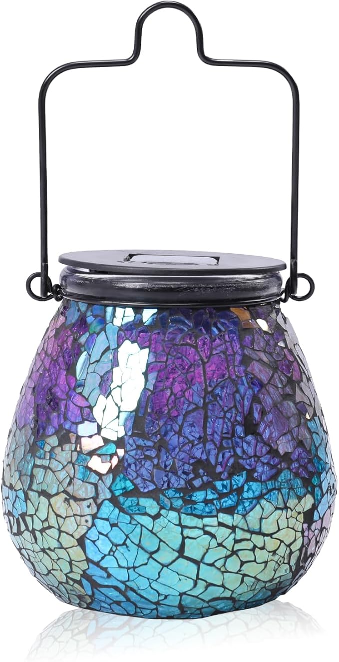Bshine Mosaic Solar Lantern Outdoor Hanging Waterproof, Colourful Glass Purple Lantern Valentine's Day Indoor Decor Table, Garden Decor for Yard Outside, Lawn, Birthday Gift for Mom Women Gardening