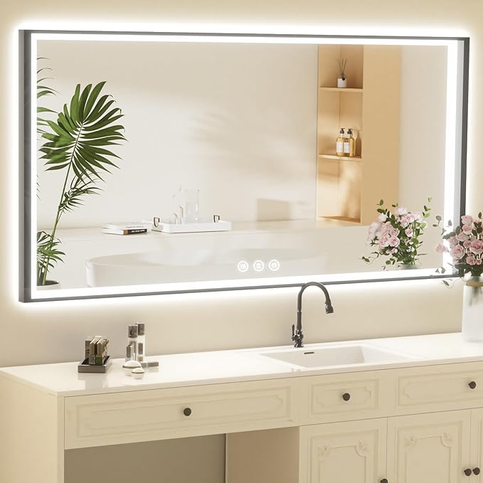 60x30 LED Bathroom Mirror with Lights, Black Aluminum Framed, Backlit + Front Lit, Lighted Bathroom Vanity Mirror for Wall, Anti-Fog, Memory Function, Dimmable, Shatterproof ETL Listed