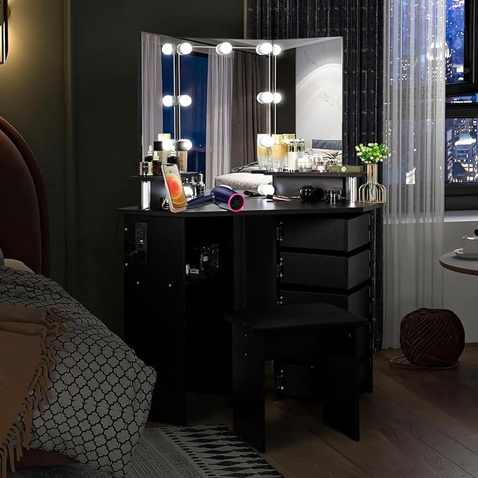 VOWNER Vanity with Lights - Makeup Vanity Desk with Power Outlet, 3 Color Lighting Options Brightness Adjustable, Vanity Table with 5 Rotating Drawers, Shelves and Stool for Bedroom, Black