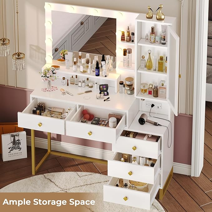 Tiptiper Makeup Vanity with Lights & Charging Station, Large Vanity Desk with Mirror and Lights, Makeup Table with 5 Drawers & Shelves, White and Gold