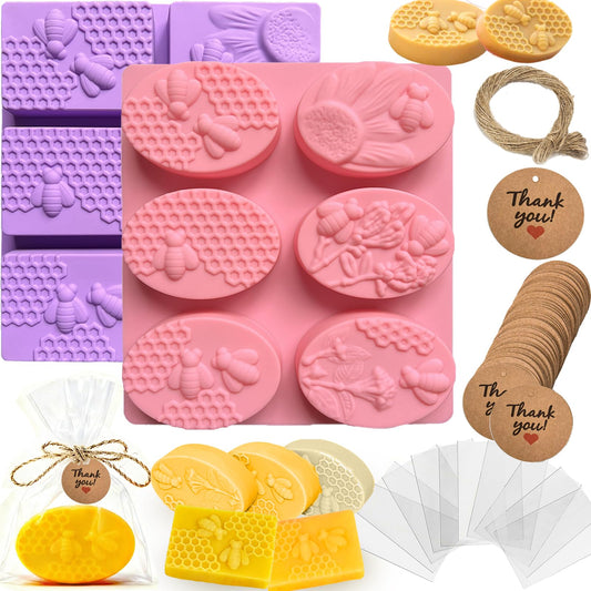 ZRLABL Bee Soap Making Kit with 2 Silicone Molds, 48 Bags, 48 Gift Tags, 65ft Jute Twine – Craft Set for Handmade Soaps – Beginner & Professional (Bee)