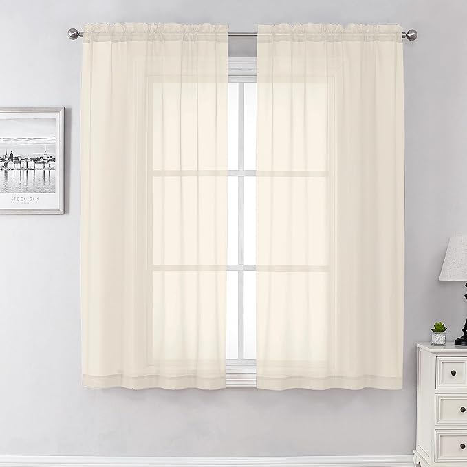 Aiyufeng Cream Sheer Curtains 63 Inch Length 2 Panels Set for Living Room, Light Filtering Green Window Sheers Drapes for Bedroom, Each 42" W x 63" L