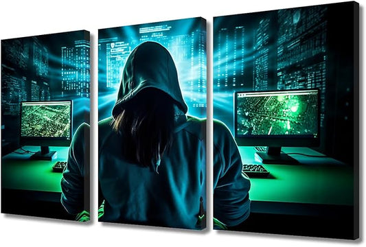 Hacker Malware Pictures for Bedroom Wall Decor AI Big Data Paintings AI Painting Wall Art Print on Canvas Hacker Artwork Home Wall Decor 3 Pieces Posters and Prints Framed Ready to Hang, 36"Wx24"H