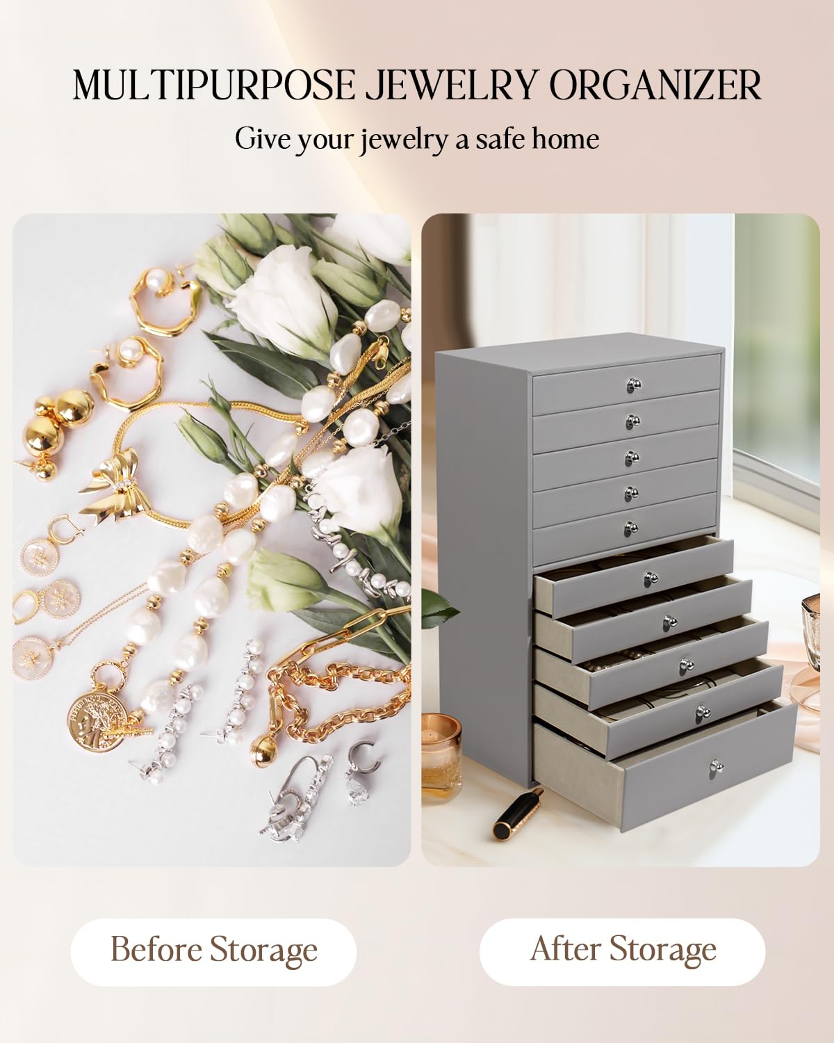 GUKA Large Jewelry Box, Jewelry Case with 10 Drawers for Big and Small Jewelry, Jewelry Storage Organizer for Watch Earrings Necklace Rings Bracelets, Birthday Wedding Gifts, Grey