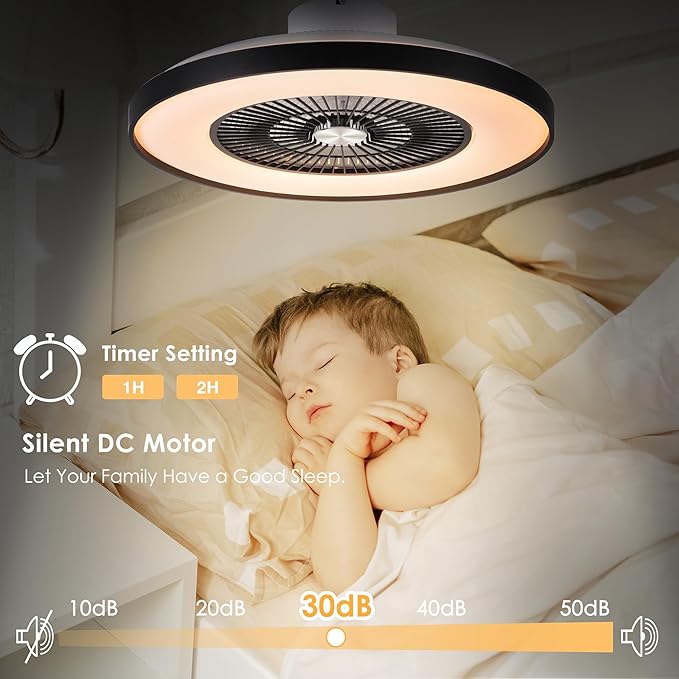24" Bladeless Ceiling Fans with Lights and Remote/APP Control, Low Profile Ceiling Fan with 3-Dimmable Lights, Enclosed Flush Mount Ceiling Fan for Kid's Bedroom/Living Room