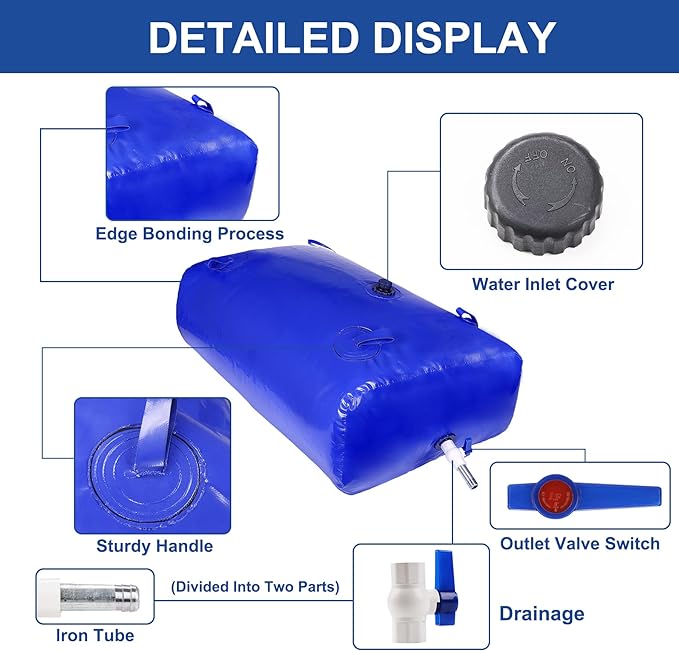 1000 L/264 Gal Water Bladder Tank, Foldable Portable Water Storage Container, Emergency Water Bag for RV, Truck Bed, Fire Prevention, Drought Resistance, Blue
