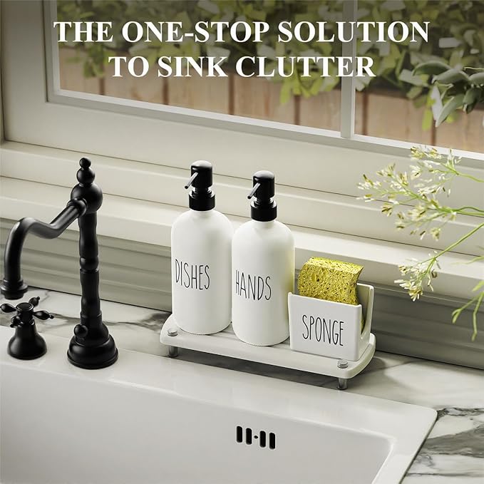 Cisily Kitchen Soap Dispenser Set Comes with Ceramics Sponge Holder, Gold Pumps, and Instant Dry Tray (White&Black, 4 Pack)