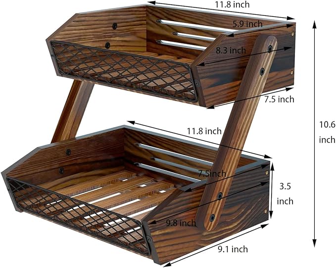 Dorhors Fruit Basket for Kitchen, 2 Tier Fruit Bowl,Kitchen Counter Organizer,Wooden Vegetable Holder for Countertop,Bread Storage Basket Stand