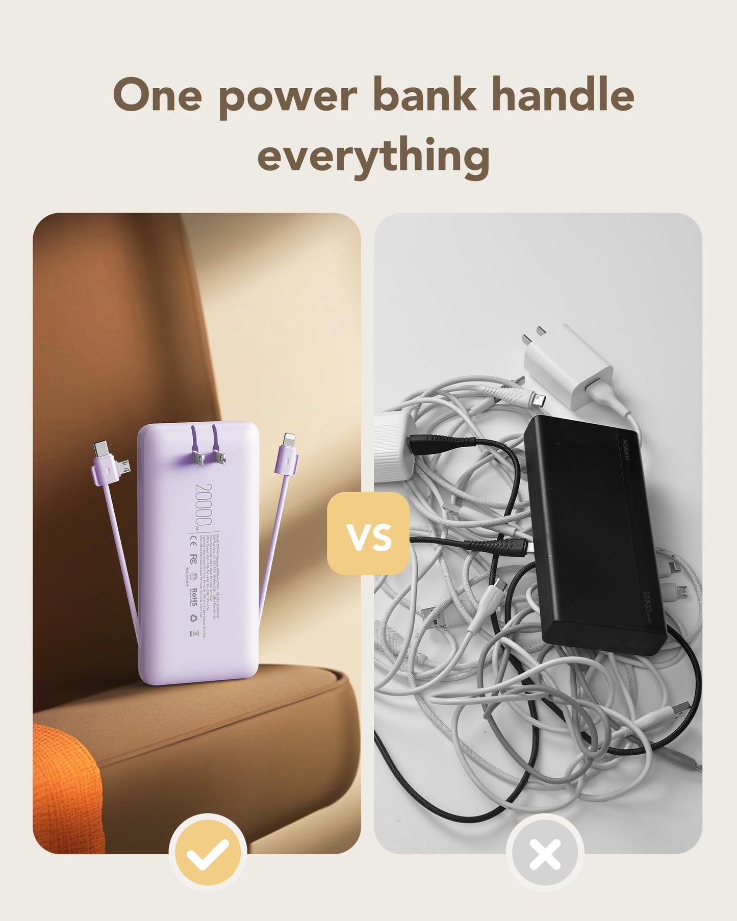 charmast 20000mAh Portable Charger with Built-in Cables & Wall Plug, 20W USB C Power Bank, Fast Charging Battery Pack Travel Essentials Compatible with iPhone 16/15/14 Series, Samsung, Google, iPad