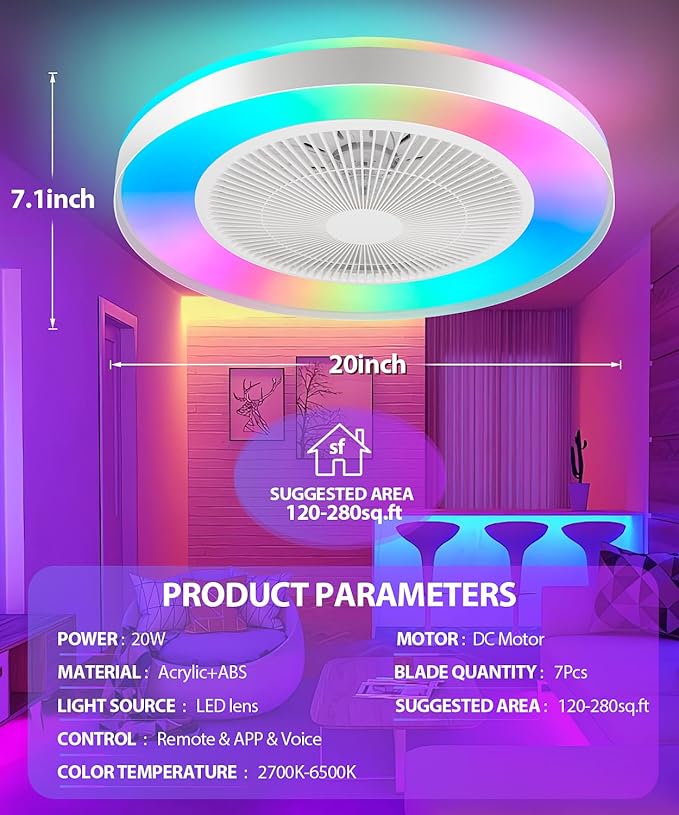2-in-1 Low Profile Ceiling Fan with Light, 20” Caged Safety Design for Kids - RGB Color, Smart APP/Remote Control, Quiet Flush Mount DC Motor, Metal, Ideal for Bedroom/Living Room/Kitchen, White