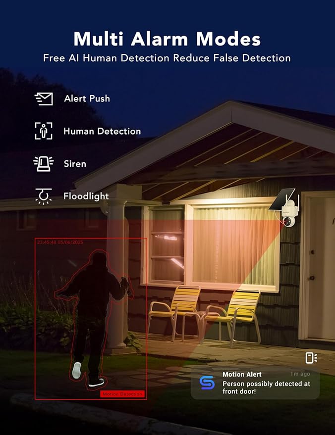 2K Solar Security Cameras Wireless Outdoor, 360°PTZ Battery Powered Cameras for Home Security, 2.4G WiFi Outdoor Camera with Color Night Vision, IP66 Waterproof, Motion Sensor Alarm, White-4P