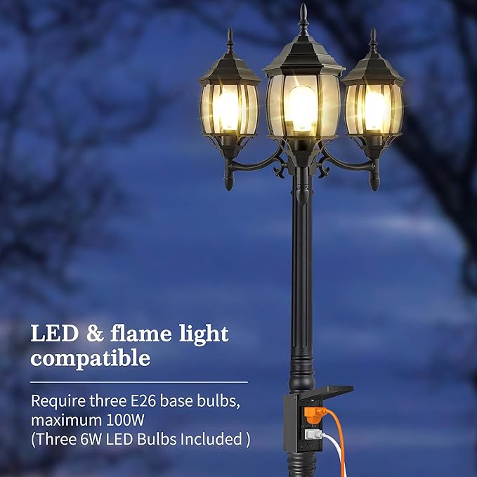 PARTPHONER Outdoor Lamp Post Light with GFCI Outlet, 3-Head Classic Black Light Pole with Glass Panels (3 LED Bulbs Included), Aluminum Waterproof Outside Street Light for Backyard Garden Driveway