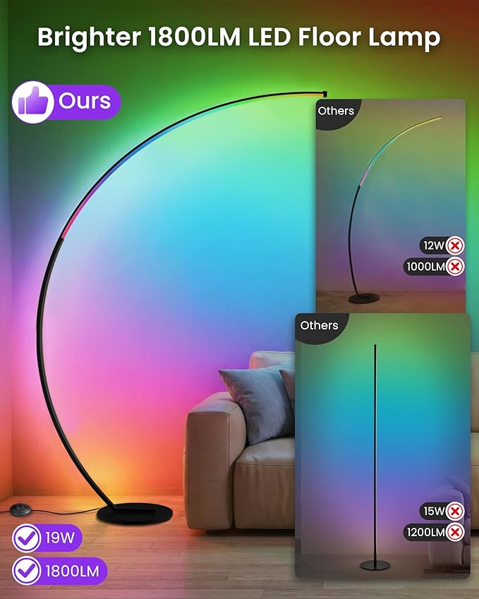 RGBW Floor Lamp, 75” Standing Tall Lamp, Dimmable Arc Floor Lamp for Living Room with Foot and Remote Control, 18 DIY Colors, 3000K-6000K White, LED Corner Lamp, Color Changing Ambient Light RB62LD05