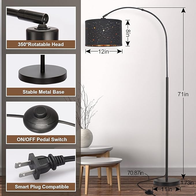 Modern Arc Floor Lamp, Tall Pole Lamp with Black Stars Lampshade, Arched Reading Light with Adjustable Lamp Head, Over Couch Hanging Light Corner Lamp for Living Room, Bedroom, Office, Black