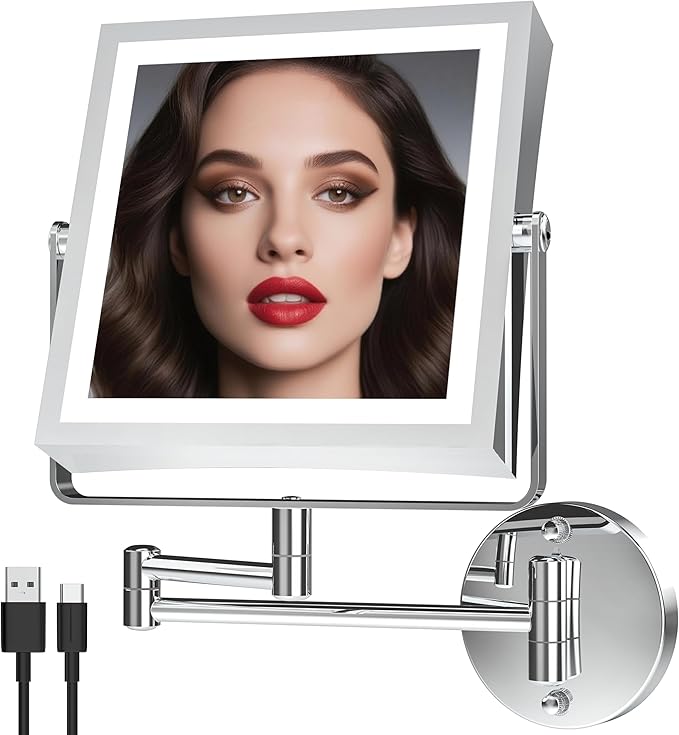 Rechargeable Wall Mounted Makeup Mirror with Lights, 4000mAh Double Sided 1X/10X Magnifying Vanity Mirror with 3 Color Lights, Touch Dimmable, 360° Extension Foldable Arm (Chrome)