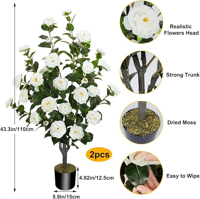 2 Pack 43.3"/3.6FT Artificial Camellia Tree Fake Outdoor Tree with 32 Blooming Flowers White Tree for Home Front Door Winter Christmas Indoor Decor (Including Dried Moss)