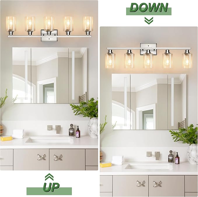 Ascher Bathroom Light Fixtures, 5-Light Vanity Lights with Clear Glass Shade, Modern Brushed Nickel Wall Light for Mirror Bedroom Hallway Cabinet Porch