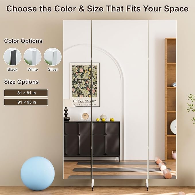 Brisafe 81" x 95" Extra Large Full Length Tri-Fold Mirror on Wheels, Stand Up Movable Floor Mirror with Stand, 3-Way Folding Standing Mirror for Gym, Dance Studio, Fitness Room & Home, Black