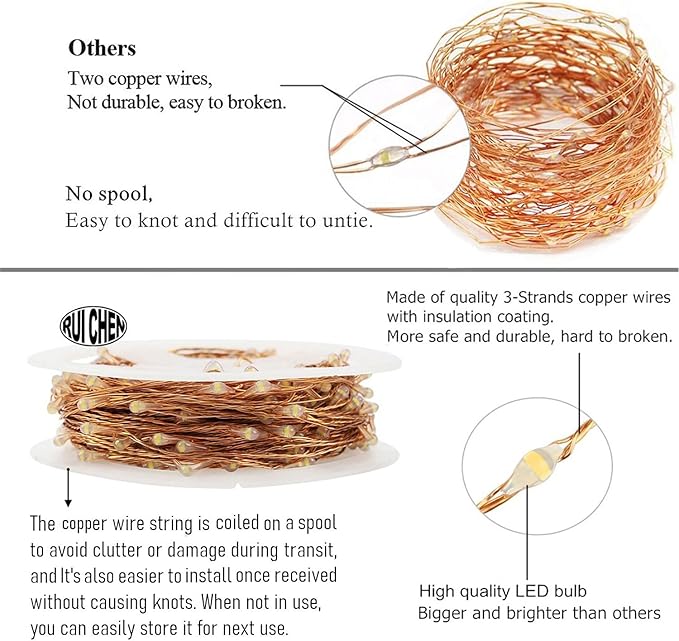 RUICHEN Plug in Fairy String Lights with Switch, Waterproof 66 Ft 200 LED Copper Wire Firefly Lights for Christmas, Parties, Wedding, Ceiling, Craft, Vases, Red