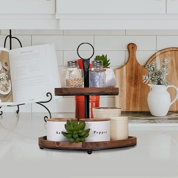GENMOUS & CO. Farmhouse Tiered Tray Decor with Distressed Wood Bead Garland, Decorative 2 Tiered Serving Tray with Metal Handle for Rustic Home Décor