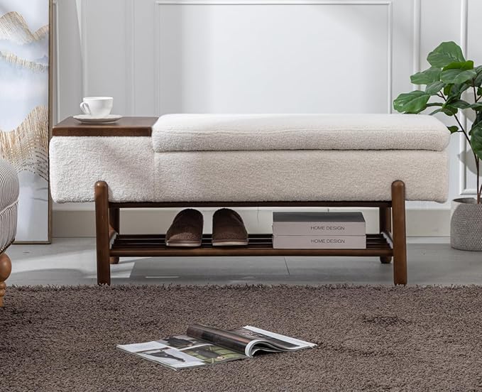 EALSON Modern Storage Bench for Bedroom End of Bed Sherpa Upholstered Ottoman Bench with Storage and Wood Shoe Rack Farmhouse Long Seating Bench for Entryway/Hallway/Closet, Beige