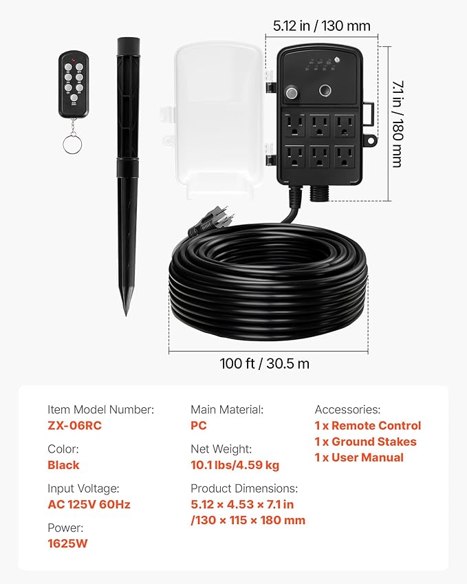 VEVOR Outdoor Power Stake Timer, 100FT Extension Cord, Remote Control Outdoor Power Strip with Cover, Dusk to Dawn Light Timer Waterproof, 6 Outlets for Halloween Christmas Lights, Garden Decorations