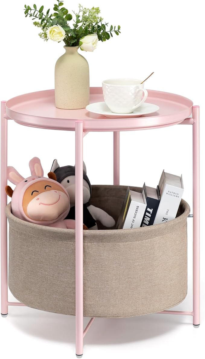 danpinera Round Side Table with Fabric Storage Basket, Metal Side Table Small Bedside Nightstand with Removable Tray Top for Living Room, Bedroom, Nursery, Laundry, Light Pink