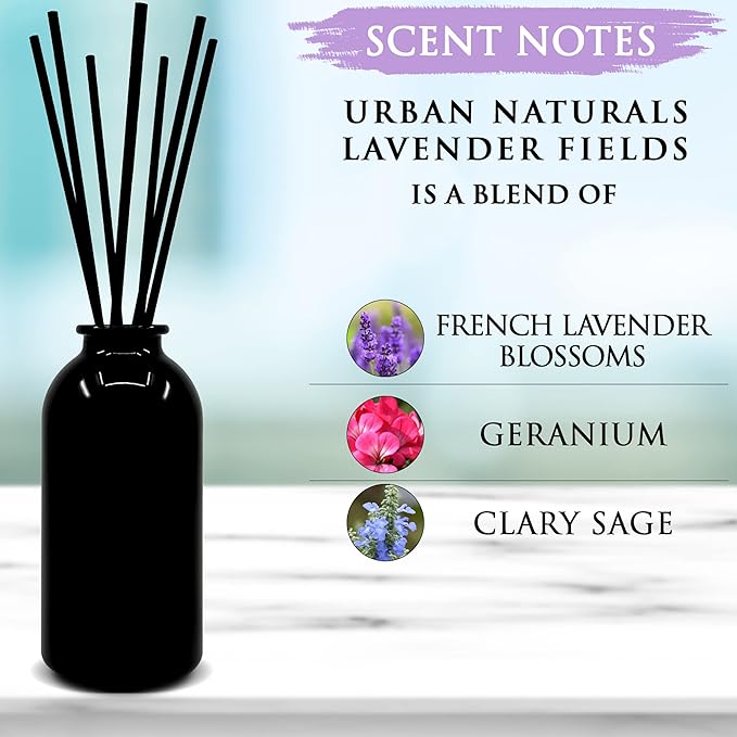 Urban Naturals Lavender Fields Oil Essential Oil Reed Diffuser Set with Real Lavender Stems! French Blossoms, Geranium & Clary Sage | #1 Gift Idea for Aromatherapy & Stress Relief | Vegan | USA Made