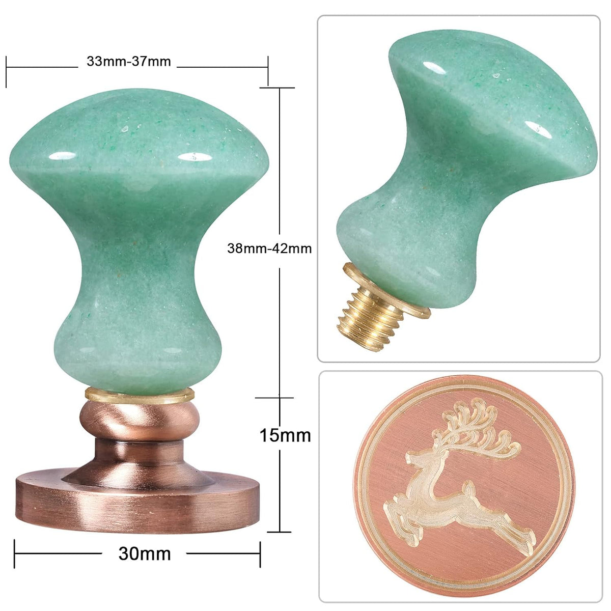 rockcloud Wax Seal Stamp Set, 4 Pieces Sealing Wax Stamps Copper Seals with 1 Green Aventurine Seal Handle for Cards Envelopes Invitation Decoration, Christmas Theme