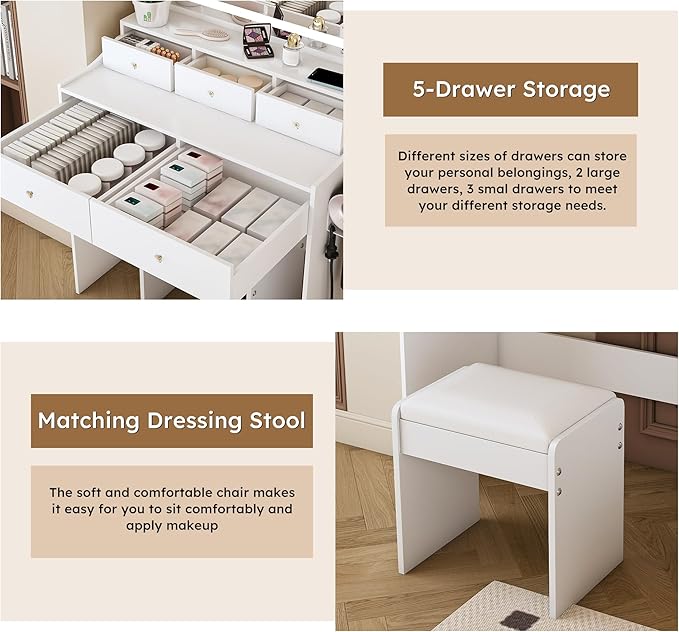 Vanity Desk with Large Mirror and Stool, Makeup Table with LED Lighted - 3 Color Models, Makeup Desk with 5 Drawers & Power Outlet, Dressing Makeup Table for Women Girls Bedroom, White