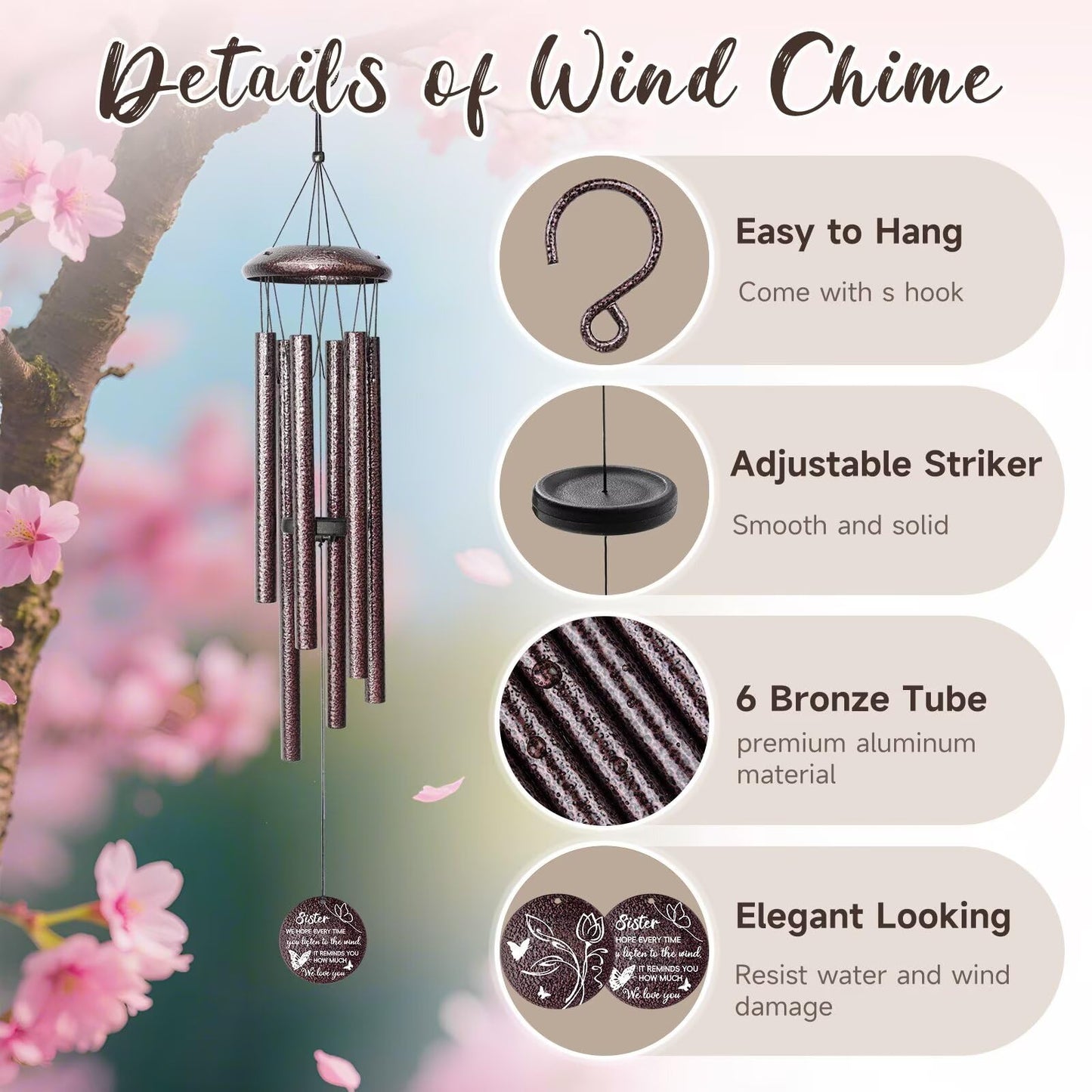 Gifts for Sister, 25''Wind Chimes, Birthday Gifts for Sister, Soul Sisters Unique Gift for Women,Thanksgiving,Christmas Day Gift Ideas for Love Rreminder