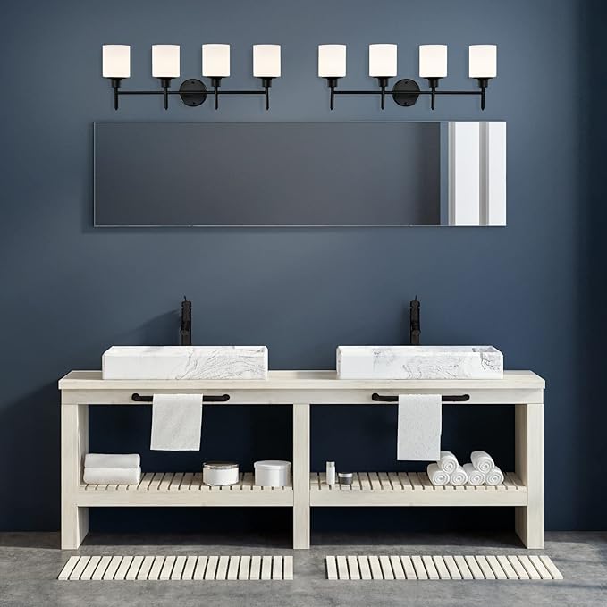 Design House 588236 Aubrey Transitional 4-Light Indoor Bathroom Vanity Light Dimmable Frosted Glass for Over The Mirror, Matte Black