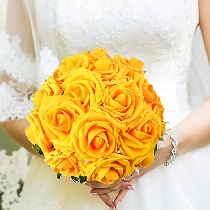 MACTING Artificial Yellow Flowers 30PCS Real Touch Fake Rose Flowers Soft Foam Roses with Stem for Floral Arrangement DIY Table Centerpieces Wedding Bouquet Party Holiday Home Fall Decorations