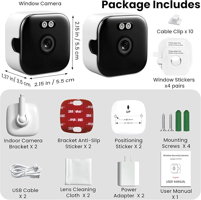 【2 Pack】 Window Cameras with 32GB SD Cards, 2K 3MP Indoor Cameras for Home Security, AI Starlight Color Night Vision, Easy Install & Use, 24/7 Recording, Support 5GHz & 2.4GHz WiFi