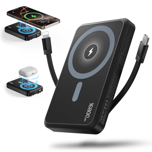 2025 Latest Magnetic Wireless Power Bank, 16800mAh Portable Charger with 2 Built in Cables, LED Display Magnetic Battery Pack Travel Essentials for iPhone 16/15/14/13/12/Pro/Mini/Pro Max Andriod