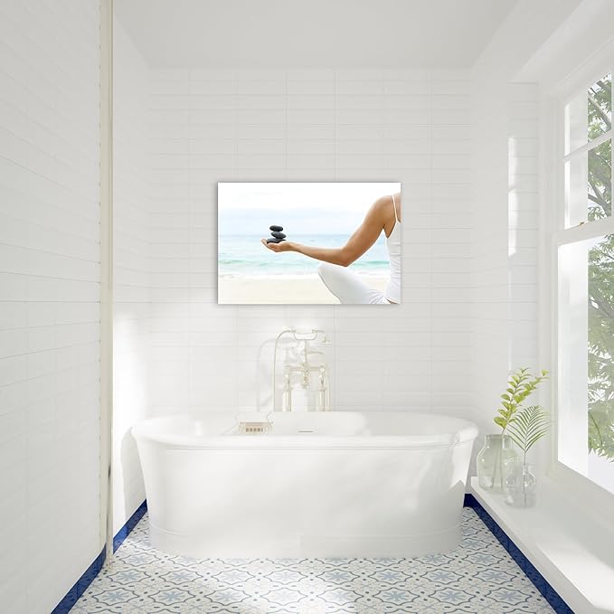 GUTTATY Zen Wall Art Decor, Modern Bathroom Zen Decor Wall Art, Relaxing Canvas Wall Art for Spa Zen Room Decor, Meditation Facing The Sea and Pebble Art Paintings for Office & Spa Decor 12x18 Inches