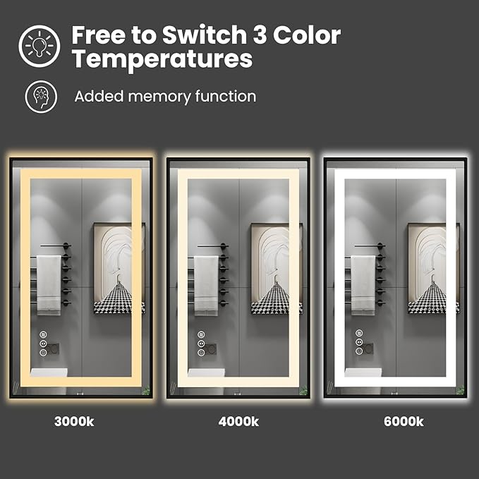 Amorho 32"x 32" LED Bathroom Mirror with Black Frame, Front Light and Backlit, Stepless Dimmable, Anti-Fog, Shatter-Proof, Memory, 3 Colors, Double LED Vanity Mirror