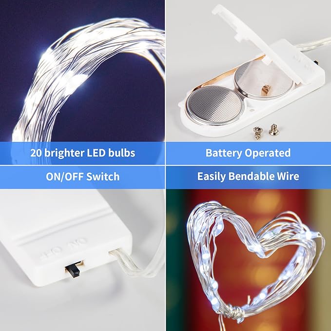 TingMiao Cool White Fairy String Lights Battery Operated LED Starry Lights 7.2ft 20 LEDs Silvery Copper Wire for Christmas DIY Decoration Wedding Party (6 Pack)
