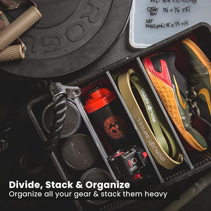 SIDIO CRATE Starter Pack - Two Full Size and One Half Size SidioCrate, Stackable Outdoor Organizer Storage Bins with Clear Lid and Dividers - Black