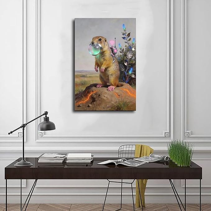 Framed Steampunk Mechanical Prairie Dog Wall Art - Retro-Futuristic Wilderness Poster for Living Room Game Room Decor 12x18inch(30x45cm)