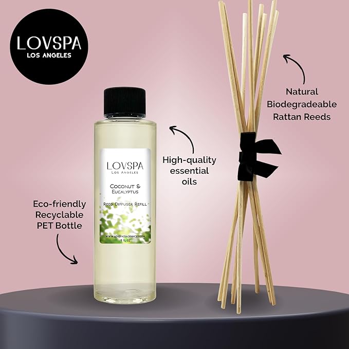 LOVSPA Coconut & Eucalyptus Diffuser Oil - Luxury Essential Oils for Diffuser Refill & Air Freshener Room Spray - Long-Lasting & Natural Home Fragrance, Scented Oil for Diffusers, USA Made, 4oz