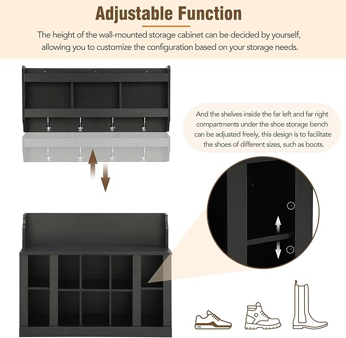 Shoe Storage Bench with Shelves and 4 Hooks, Elegant Hall Tree with Shoes Cubbies and Wall Mounted Coat Rack, Entryway Organizer For Hallway, Foyer, Mudroom, Black