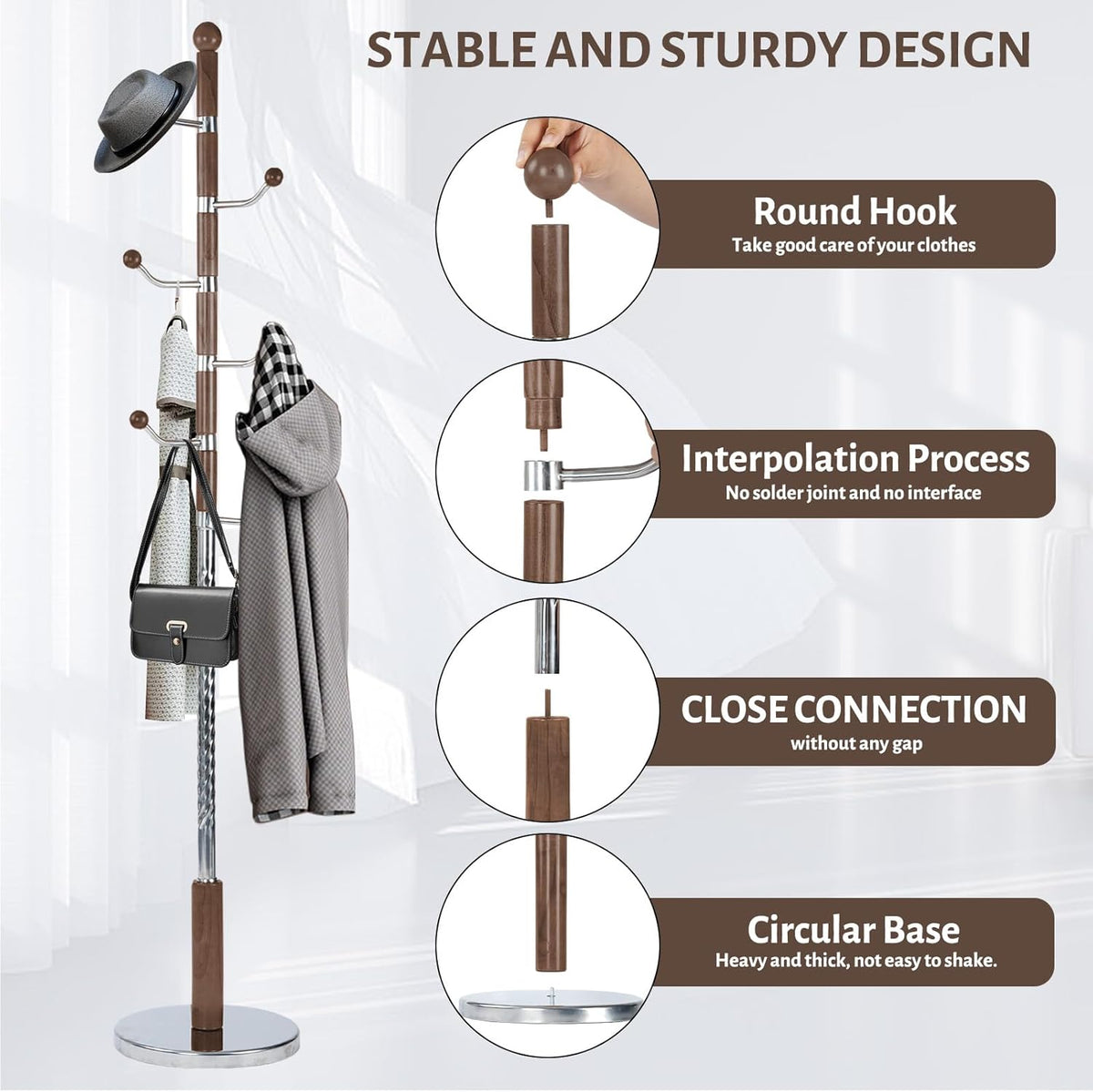 Coat Rack Freestanding, Metal Wooden Coat Tree with 6 Hooks, Heavy Duty Coat Hanger Stand with Resin and Stainless Steel Base, Free Standing Hall Tree for Scarf, Bag, Jacket (Walnut metal)