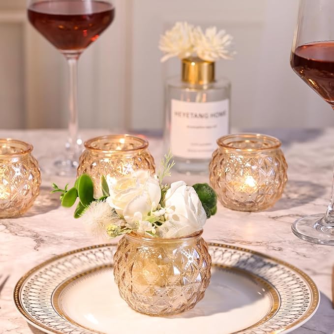 DARJEN Gold Votive Candle Holders Set of 24- Round Glass Candle Holders Bulk for Table Centerpiece, Tea Lights Candle Holders for Wedding Shower, Party, Home Decor