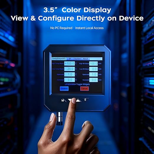 Ethernet Server Room Temperature Monitor, PoE Server Rack Temperature Humidity Sensor with Web Interface, SNMP Modbus MQTT Support, Dual Power, IP55, Data Logging, Alarm & Relay Output