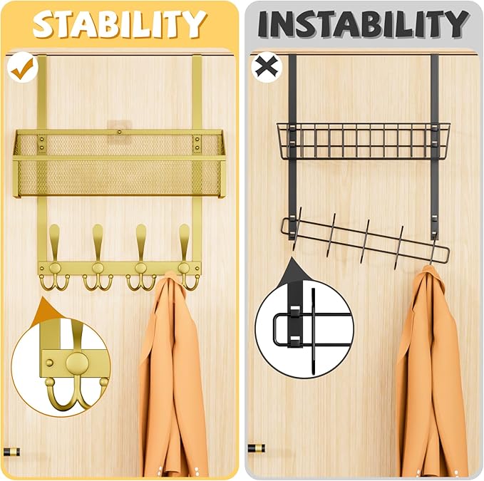 Over The Door Hooks Organizer, Coat Rack Over The Door Storage Hanger Towel Rack, Back of Door Storage Organizer for Bathroom,Bedroom,Kitchen,Office (Gold, 2-Tier)