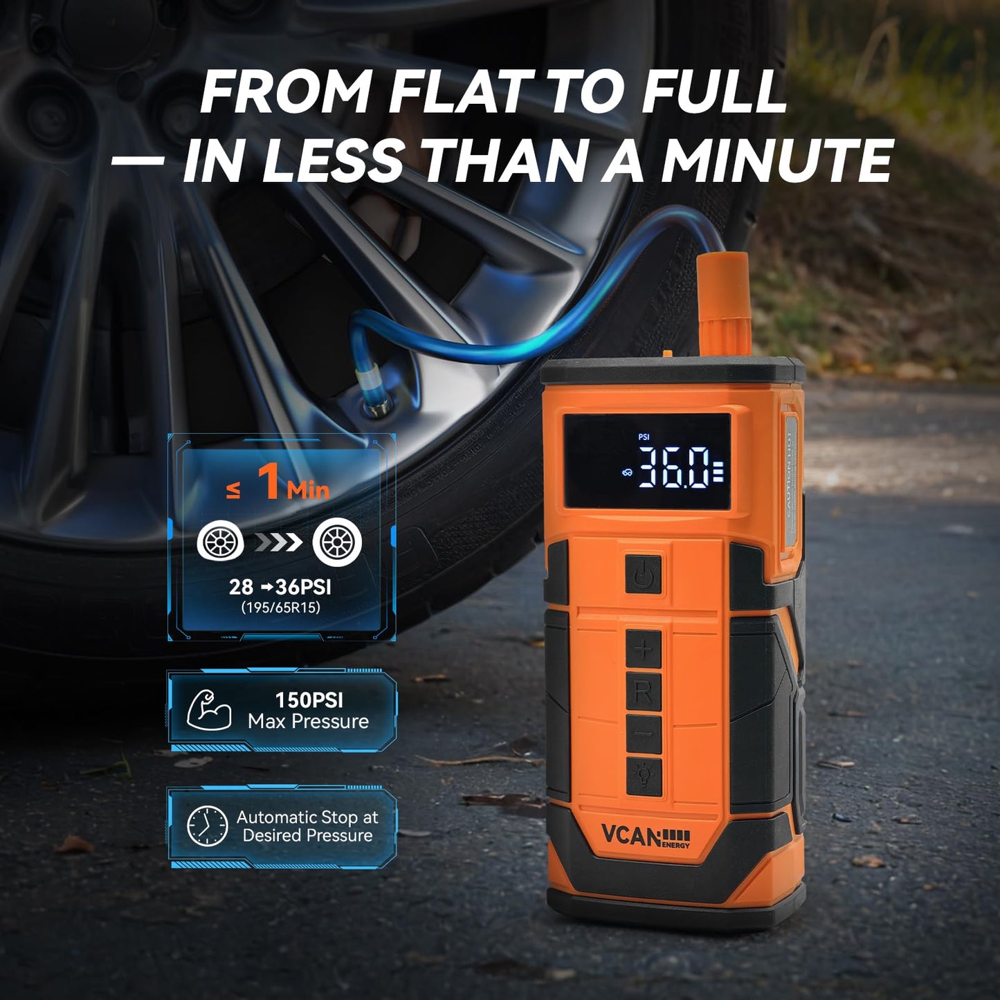 Jump Starter with Air Compressor, VCANENERGY Roadside Emergency Car Kit with 12V Portable Battery Jump Starter & Tire Inflator for Cars, Trucks, SUVs-Car Emergency Kit for Women, Men, Teen