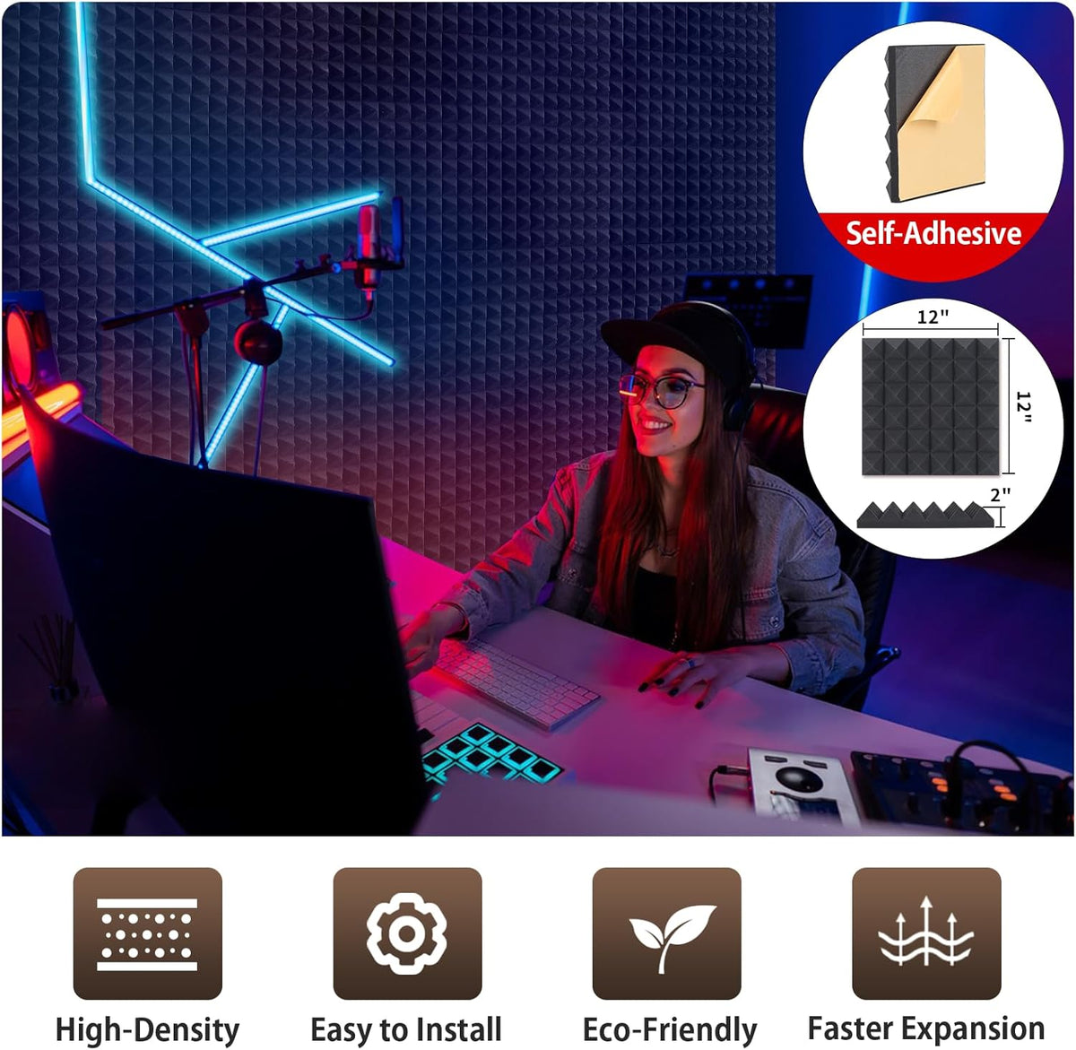 12 Pack Sound Proof Foam Panels for Walls 2" X 12" X 12" Pyramid Acoustic Foam Panels with Self-Adhesive High Density Sound-Absorbing and Soundproof Wall Panels