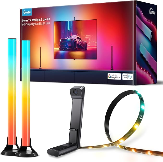 Govee TV Backlight 3 Lite Kit, 11.8ft RGBICW Wi-Fi TV LED Strip Lights for 55-65in TVs with Camera and 15 Inches Smart Light Bars with 4-in-1 Light Beads - Works with Alexa & Google Home