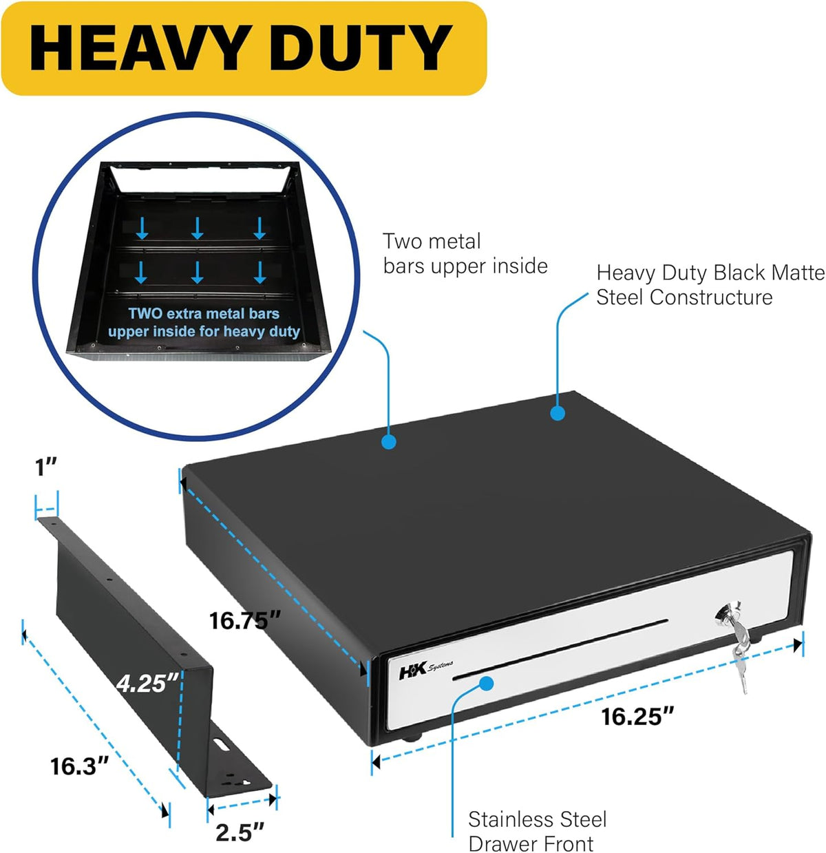 HK SYSTEMS 16" Heavy Duty Black"Push" Open Cash Drawer, 5B5C with Under Counter Mounting Metal Bracket and Till Cover